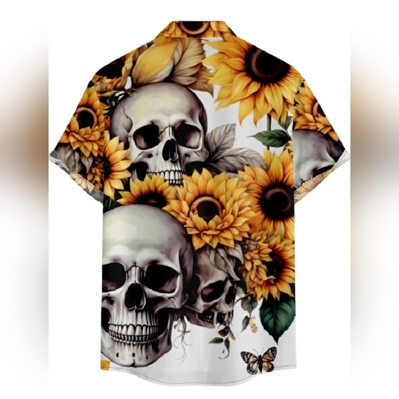 Bold Skull Sunflower Button Up Hawaiian Style Shirt - Picture 2 of 9
